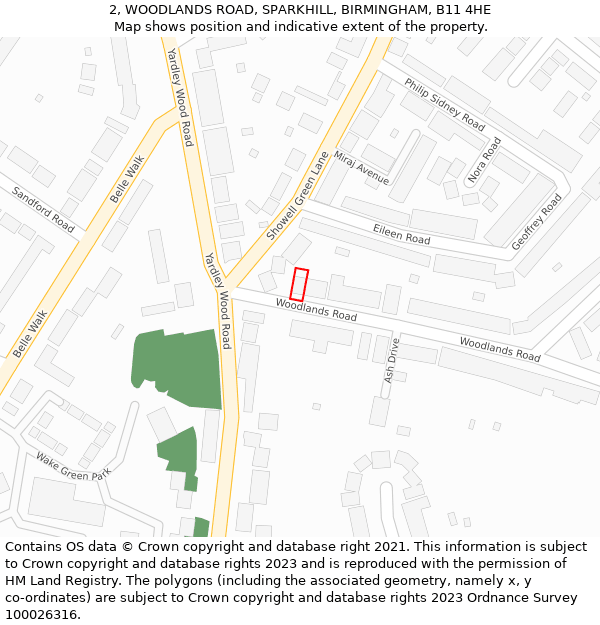 2, WOODLANDS ROAD, SPARKHILL, BIRMINGHAM, B11 4HE: Location map and indicative extent of plot