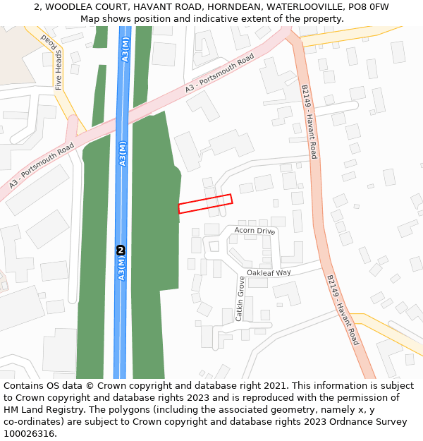 2, WOODLEA COURT, HAVANT ROAD, HORNDEAN, WATERLOOVILLE, PO8 0FW: Location map and indicative extent of plot