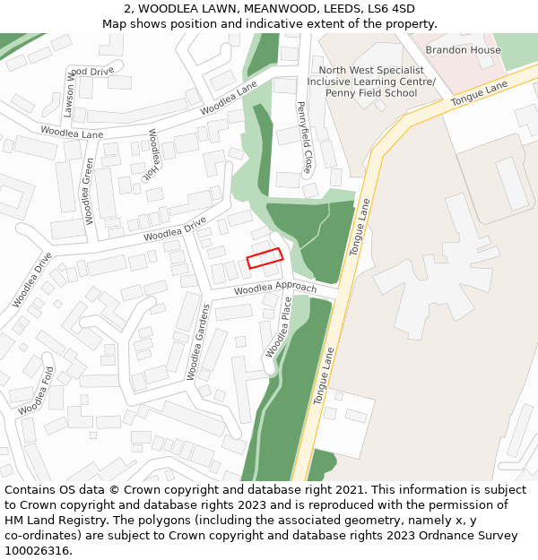 2, WOODLEA LAWN, MEANWOOD, LEEDS, LS6 4SD: Location map and indicative extent of plot