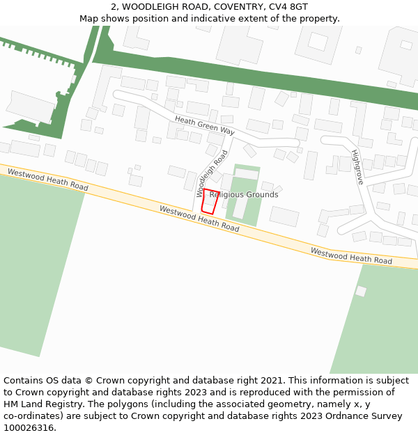 2, WOODLEIGH ROAD, COVENTRY, CV4 8GT: Location map and indicative extent of plot