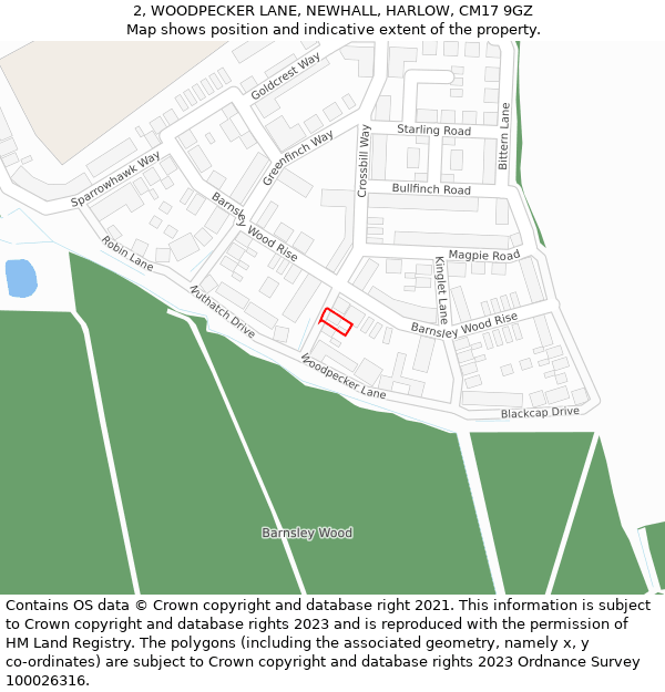 2, WOODPECKER LANE, NEWHALL, HARLOW, CM17 9GZ: Location map and indicative extent of plot