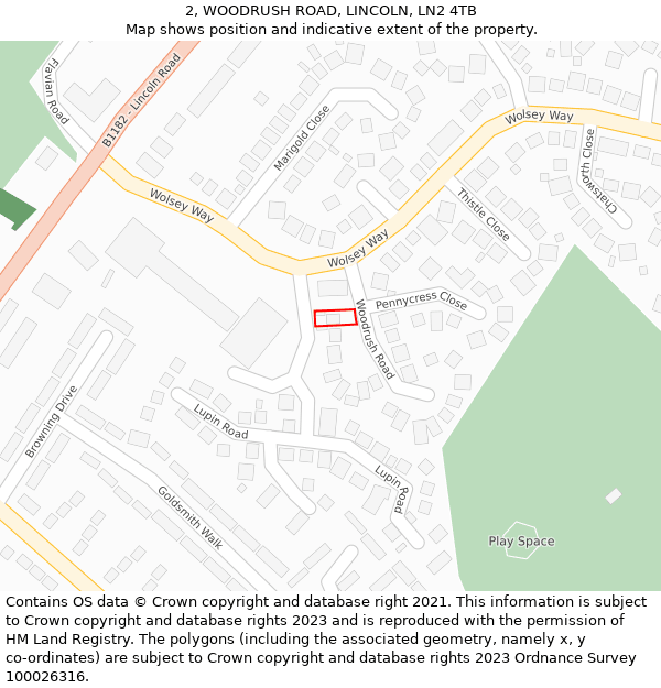 2, WOODRUSH ROAD, LINCOLN, LN2 4TB: Location map and indicative extent of plot