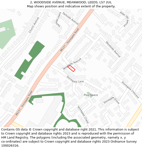 2, WOODSIDE AVENUE, MEANWOOD, LEEDS, LS7 2UL: Location map and indicative extent of plot