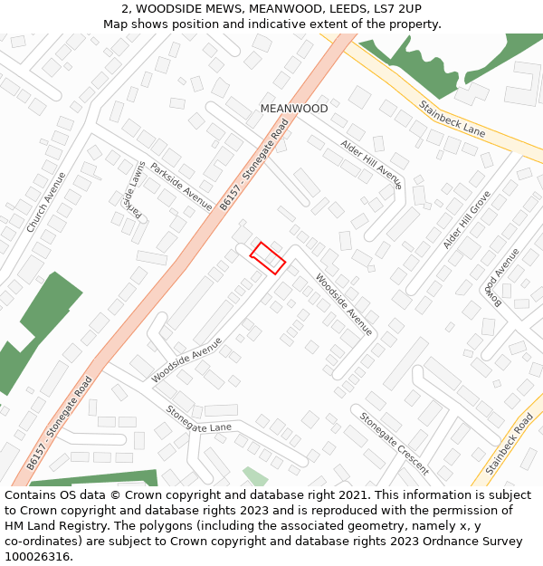 2, WOODSIDE MEWS, MEANWOOD, LEEDS, LS7 2UP: Location map and indicative extent of plot