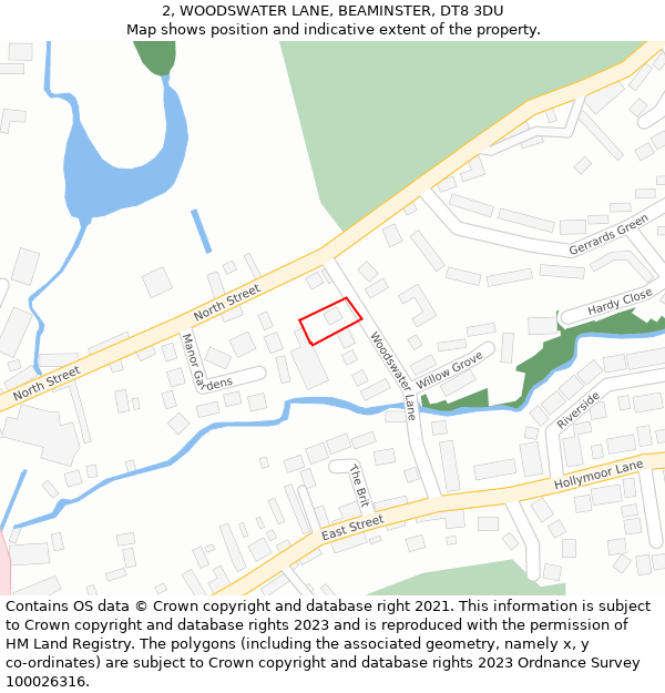 2, WOODSWATER LANE, BEAMINSTER, DT8 3DU: Location map and indicative extent of plot