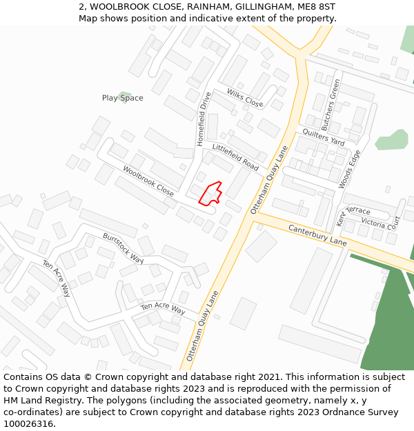 2, WOOLBROOK CLOSE, RAINHAM, GILLINGHAM, ME8 8ST: Location map and indicative extent of plot