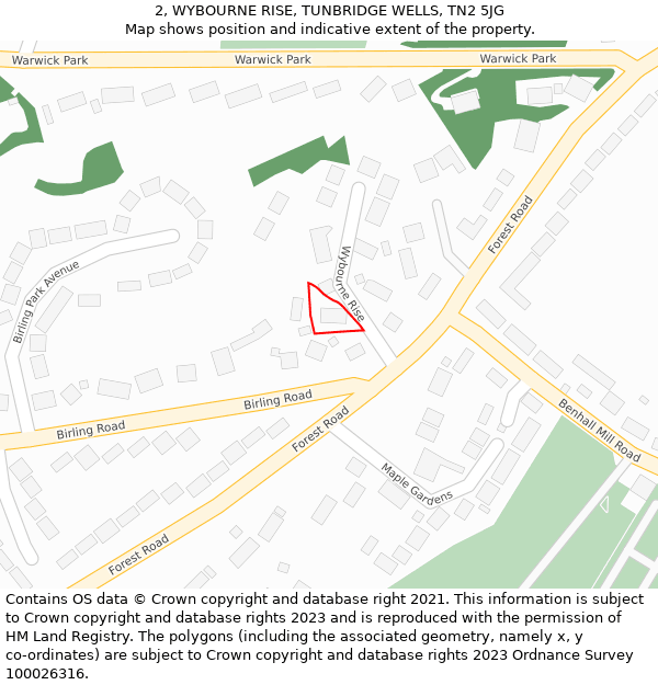 2, WYBOURNE RISE, TUNBRIDGE WELLS, TN2 5JG: Location map and indicative extent of plot