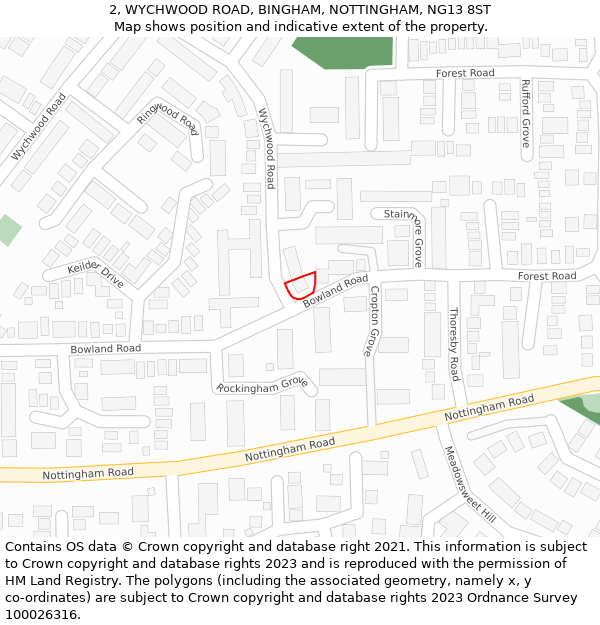 2, WYCHWOOD ROAD, BINGHAM, NOTTINGHAM, NG13 8ST: Location map and indicative extent of plot