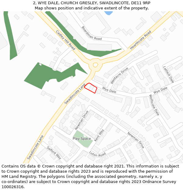 2, WYE DALE, CHURCH GRESLEY, SWADLINCOTE, DE11 9RP: Location map and indicative extent of plot