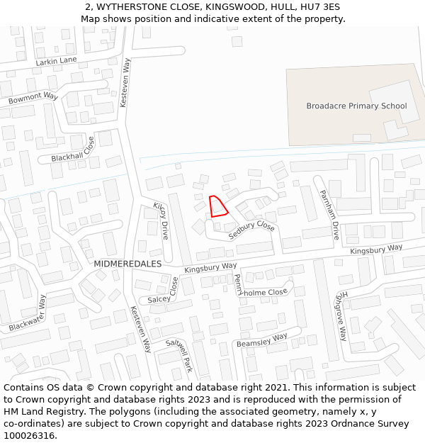 2, WYTHERSTONE CLOSE, KINGSWOOD, HULL, HU7 3ES: Location map and indicative extent of plot