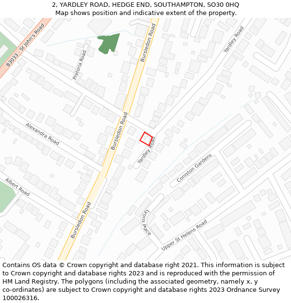 2, YARDLEY ROAD, HEDGE END, SOUTHAMPTON, SO30 0HQ: Location map and indicative extent of plot