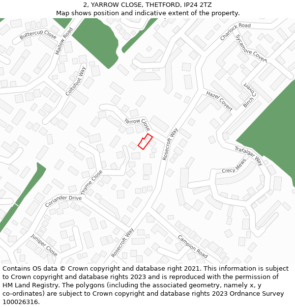 2, YARROW CLOSE, THETFORD, IP24 2TZ: Location map and indicative extent of plot