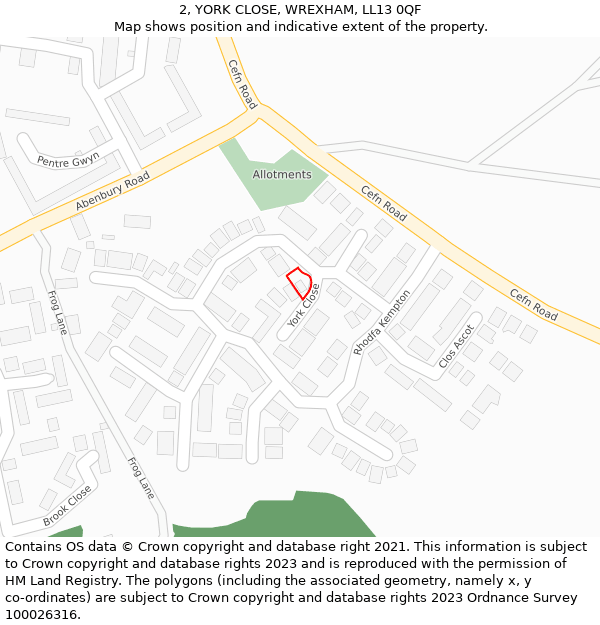 2, YORK CLOSE, WREXHAM, LL13 0QF: Location map and indicative extent of plot