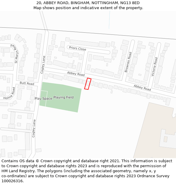 20, ABBEY ROAD, BINGHAM, NOTTINGHAM, NG13 8ED: Location map and indicative extent of plot