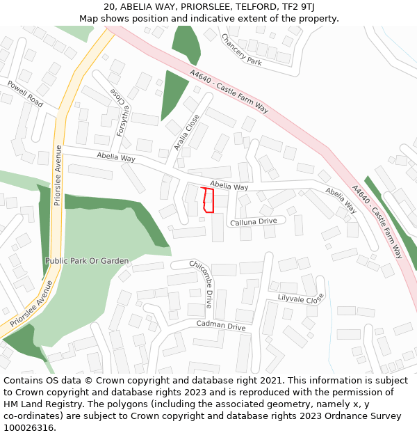 20, ABELIA WAY, PRIORSLEE, TELFORD, TF2 9TJ: Location map and indicative extent of plot