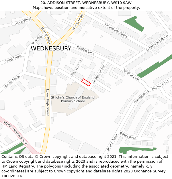 20, ADDISON STREET, WEDNESBURY, WS10 9AW: Location map and indicative extent of plot