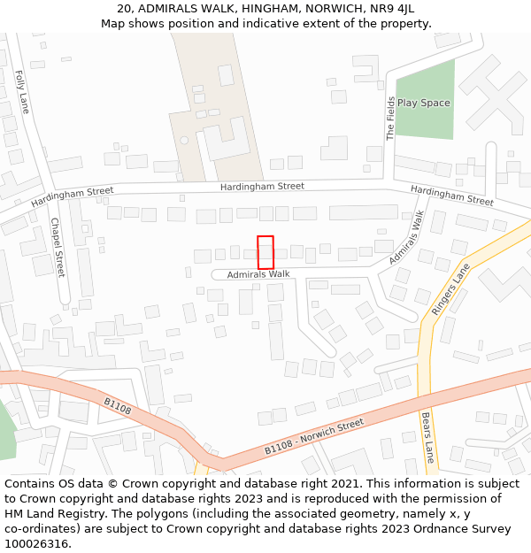 20, ADMIRALS WALK, HINGHAM, NORWICH, NR9 4JL: Location map and indicative extent of plot