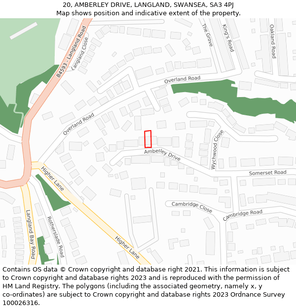 20, AMBERLEY DRIVE, LANGLAND, SWANSEA, SA3 4PJ: Location map and indicative extent of plot