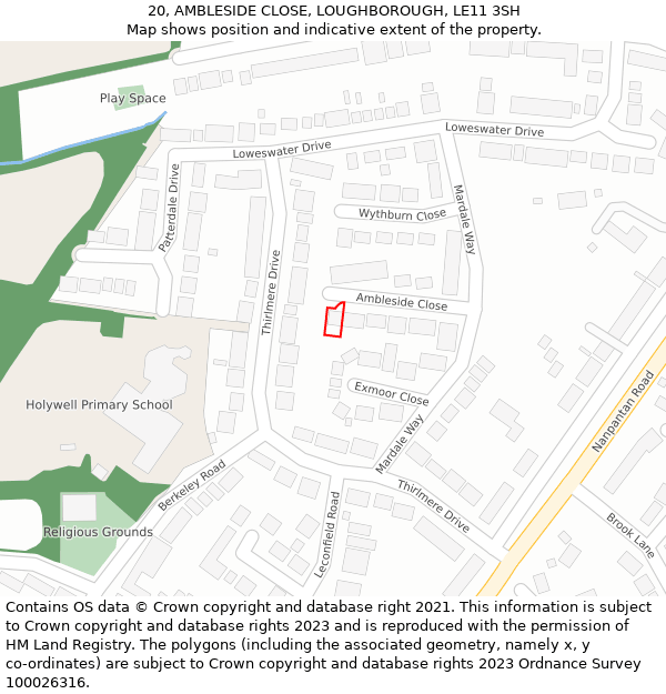 20, AMBLESIDE CLOSE, LOUGHBOROUGH, LE11 3SH: Location map and indicative extent of plot