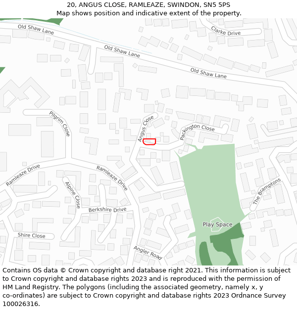 20, ANGUS CLOSE, RAMLEAZE, SWINDON, SN5 5PS: Location map and indicative extent of plot