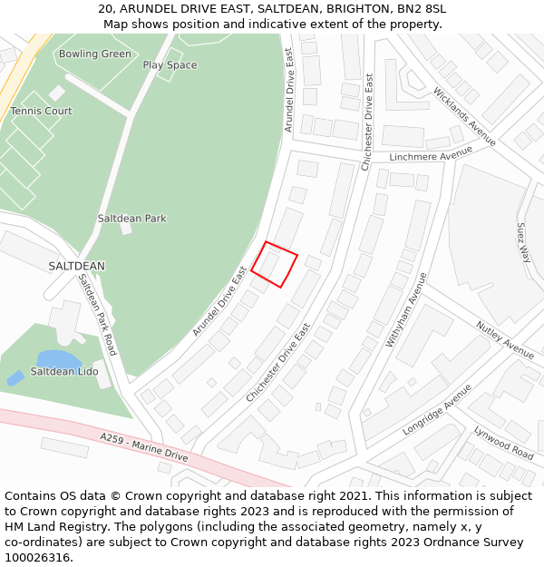 20, ARUNDEL DRIVE EAST, SALTDEAN, BRIGHTON, BN2 8SL: Location map and indicative extent of plot