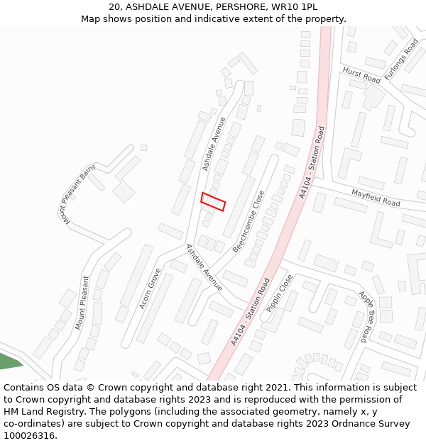 20, ASHDALE AVENUE, PERSHORE, WR10 1PL: Location map and indicative extent of plot