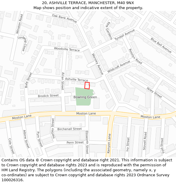 20, ASHVILLE TERRACE, MANCHESTER, M40 9NX: Location map and indicative extent of plot