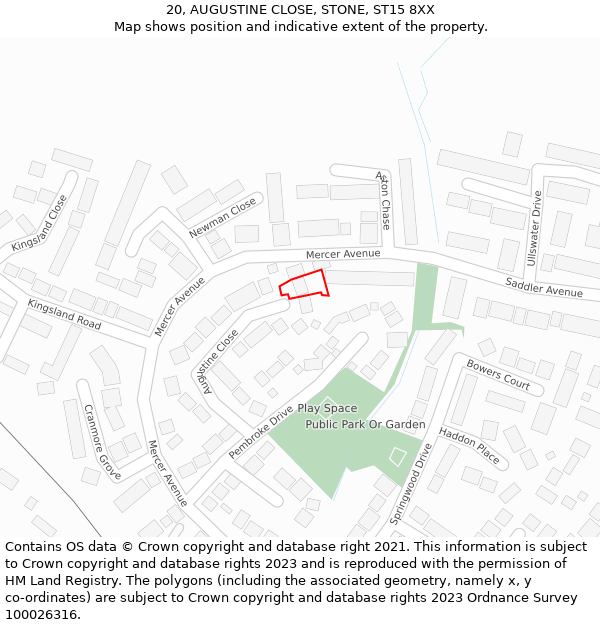 20, AUGUSTINE CLOSE, STONE, ST15 8XX: Location map and indicative extent of plot