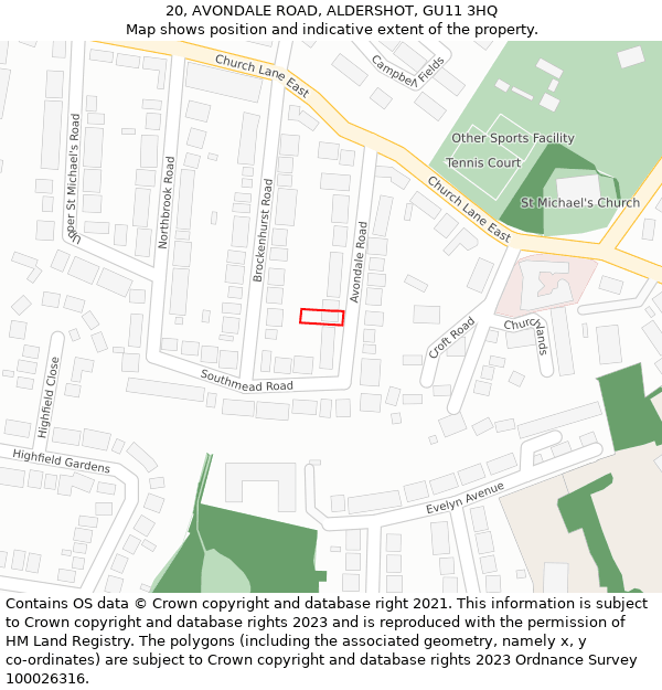 20, AVONDALE ROAD, ALDERSHOT, GU11 3HQ: Location map and indicative extent of plot