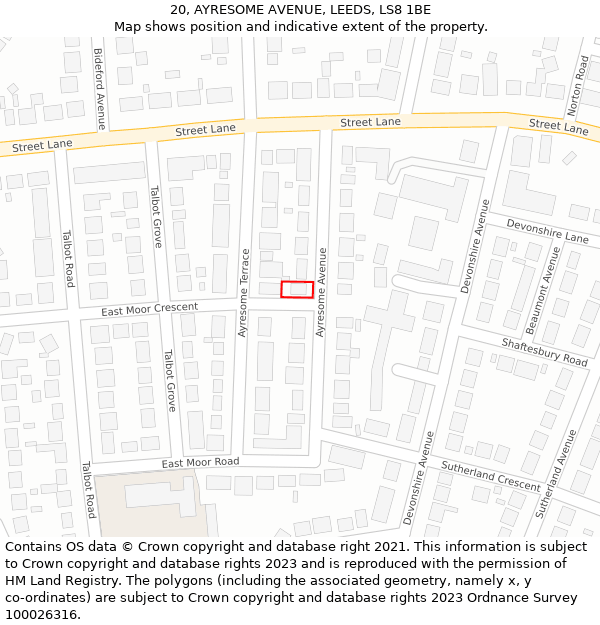 20, AYRESOME AVENUE, LEEDS, LS8 1BE: Location map and indicative extent of plot