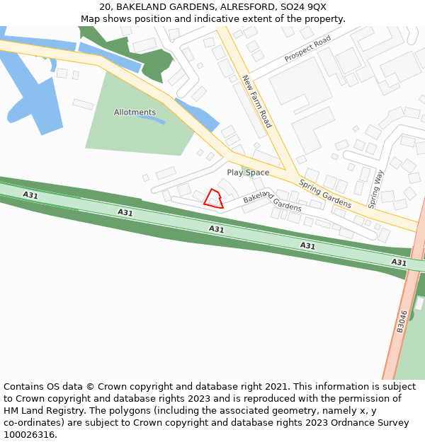 20, BAKELAND GARDENS, ALRESFORD, SO24 9QX: Location map and indicative extent of plot