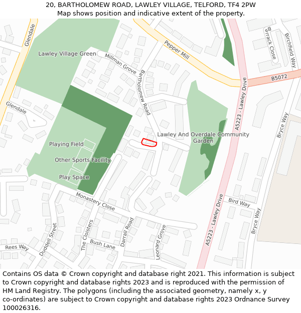 20, BARTHOLOMEW ROAD, LAWLEY VILLAGE, TELFORD, TF4 2PW: Location map and indicative extent of plot