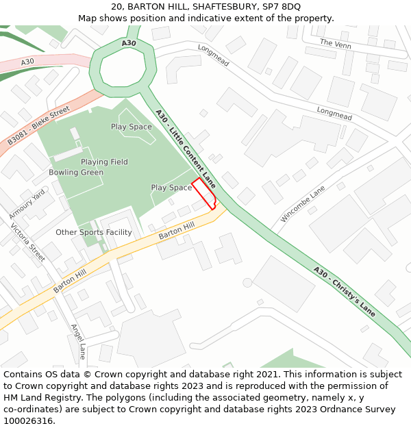 20, BARTON HILL, SHAFTESBURY, SP7 8DQ: Location map and indicative extent of plot