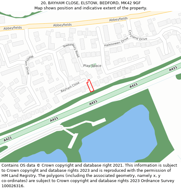 20, BAYHAM CLOSE, ELSTOW, BEDFORD, MK42 9GF: Location map and indicative extent of plot