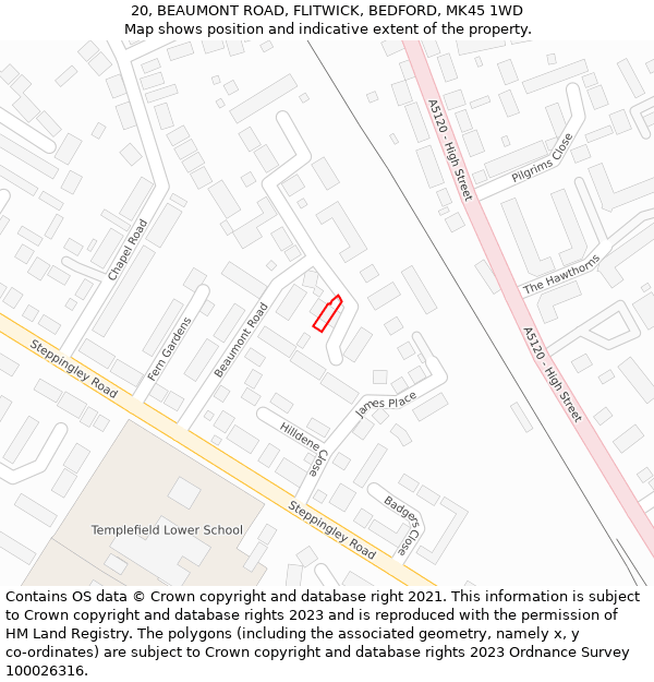 20, BEAUMONT ROAD, FLITWICK, BEDFORD, MK45 1WD: Location map and indicative extent of plot