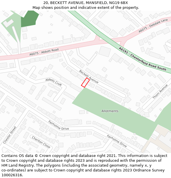 20, BECKETT AVENUE, MANSFIELD, NG19 6BX: Location map and indicative extent of plot