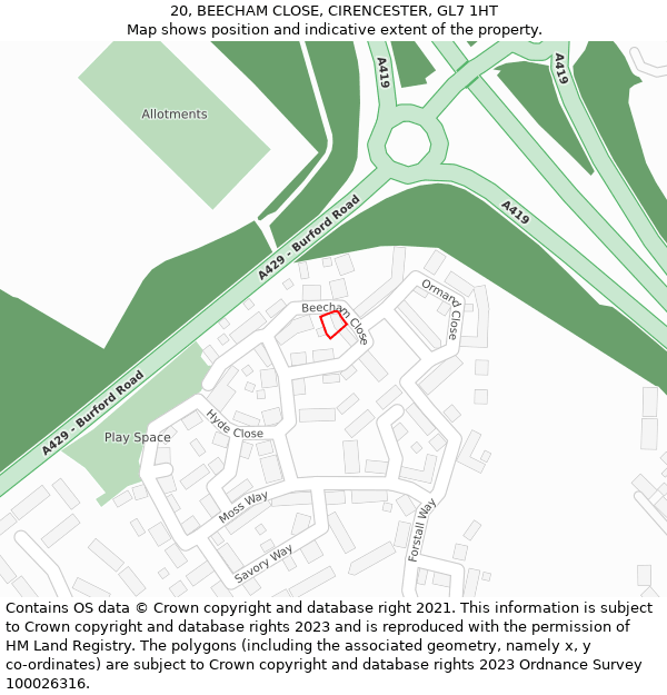 20, BEECHAM CLOSE, CIRENCESTER, GL7 1HT: Location map and indicative extent of plot