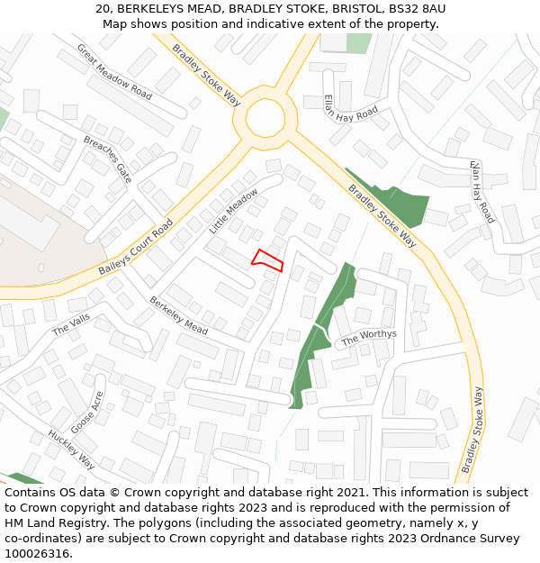 20, BERKELEYS MEAD, BRADLEY STOKE, BRISTOL, BS32 8AU: Location map and indicative extent of plot