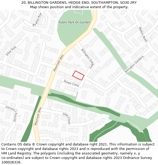 20, BILLINGTON GARDENS, HEDGE END, SOUTHAMPTON, SO30 2RY: Location map and indicative extent of plot