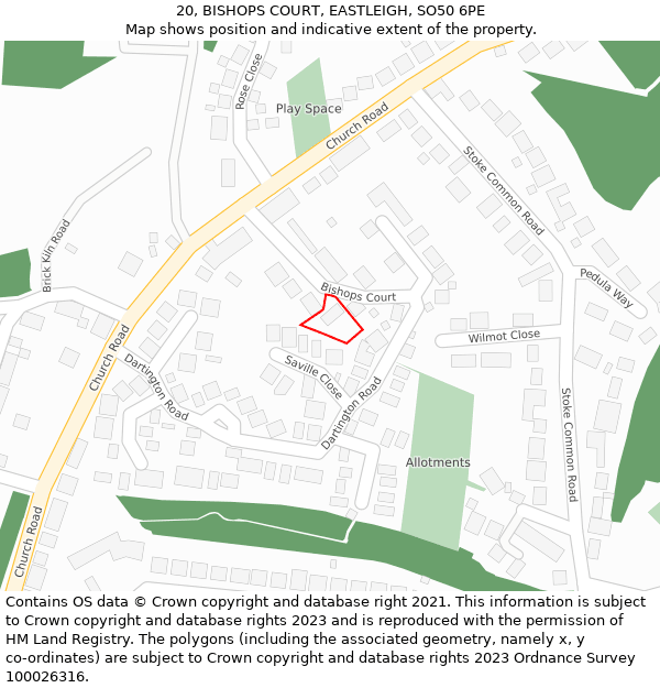 20, BISHOPS COURT, EASTLEIGH, SO50 6PE: Location map and indicative extent of plot