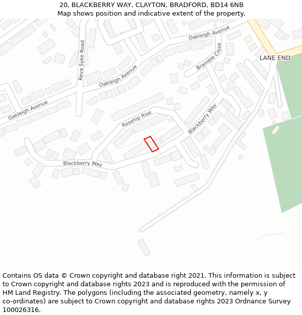 20, BLACKBERRY WAY, CLAYTON, BRADFORD, BD14 6NB: Location map and indicative extent of plot