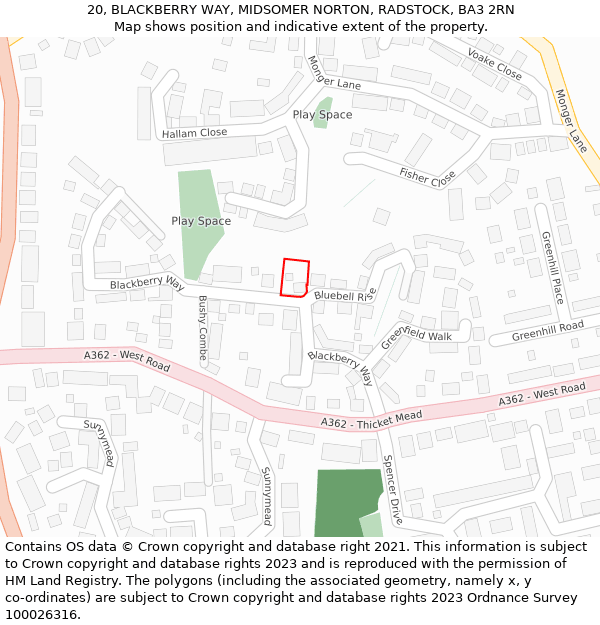 20, BLACKBERRY WAY, MIDSOMER NORTON, RADSTOCK, BA3 2RN: Location map and indicative extent of plot