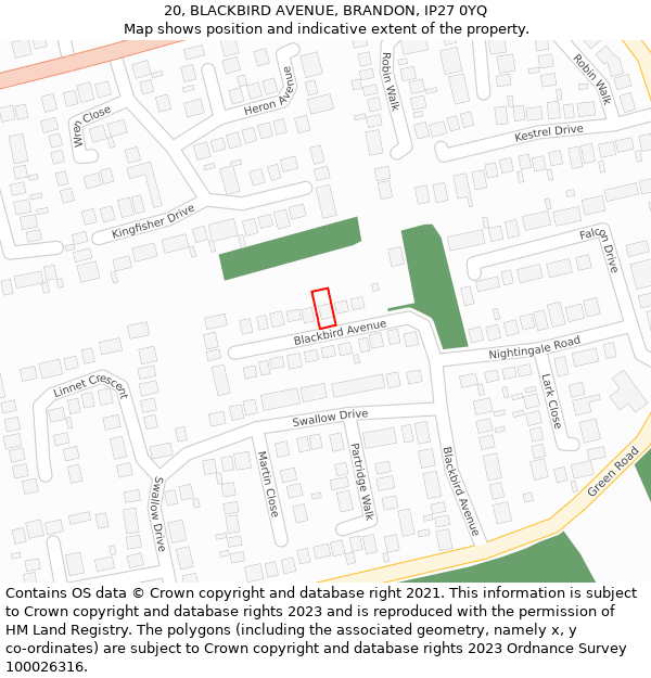 20, BLACKBIRD AVENUE, BRANDON, IP27 0YQ: Location map and indicative extent of plot