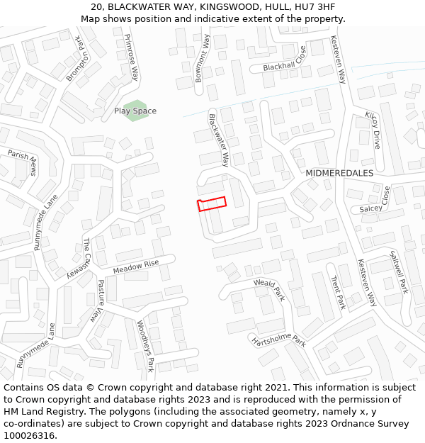 20, BLACKWATER WAY, KINGSWOOD, HULL, HU7 3HF: Location map and indicative extent of plot