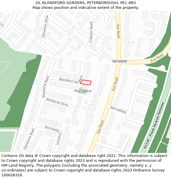 20, BLANDFORD GARDENS, PETERBOROUGH, PE1 4RU: Location map and indicative extent of plot