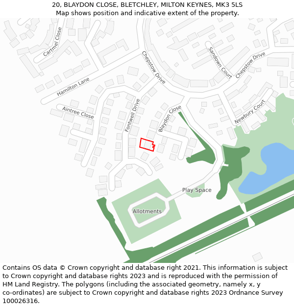 20, BLAYDON CLOSE, BLETCHLEY, MILTON KEYNES, MK3 5LS: Location map and indicative extent of plot