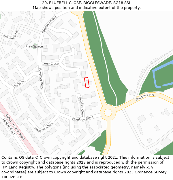 20, BLUEBELL CLOSE, BIGGLESWADE, SG18 8SL: Location map and indicative extent of plot