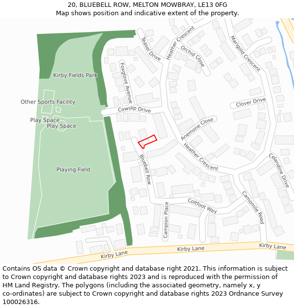 20, BLUEBELL ROW, MELTON MOWBRAY, LE13 0FG: Location map and indicative extent of plot