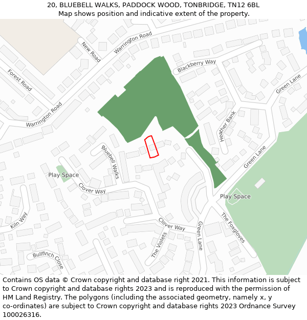 20, BLUEBELL WALKS, PADDOCK WOOD, TONBRIDGE, TN12 6BL: Location map and indicative extent of plot
