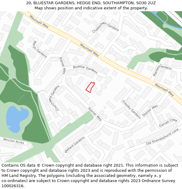 20, BLUESTAR GARDENS, HEDGE END, SOUTHAMPTON, SO30 2UZ: Location map and indicative extent of plot